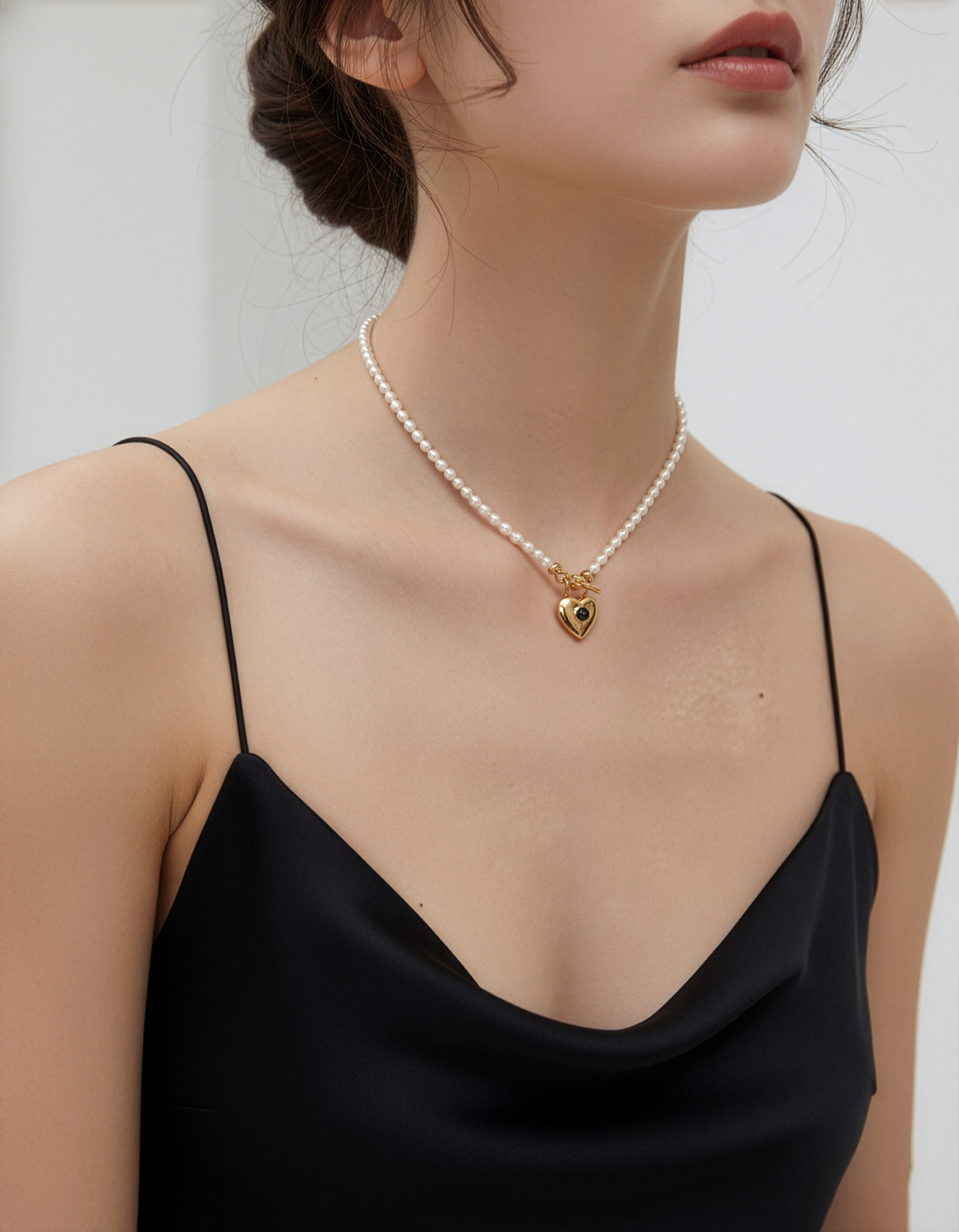 Heart Charm Rice Pearl Necklace· Parisian OT Clasp Design with Modern Elegance