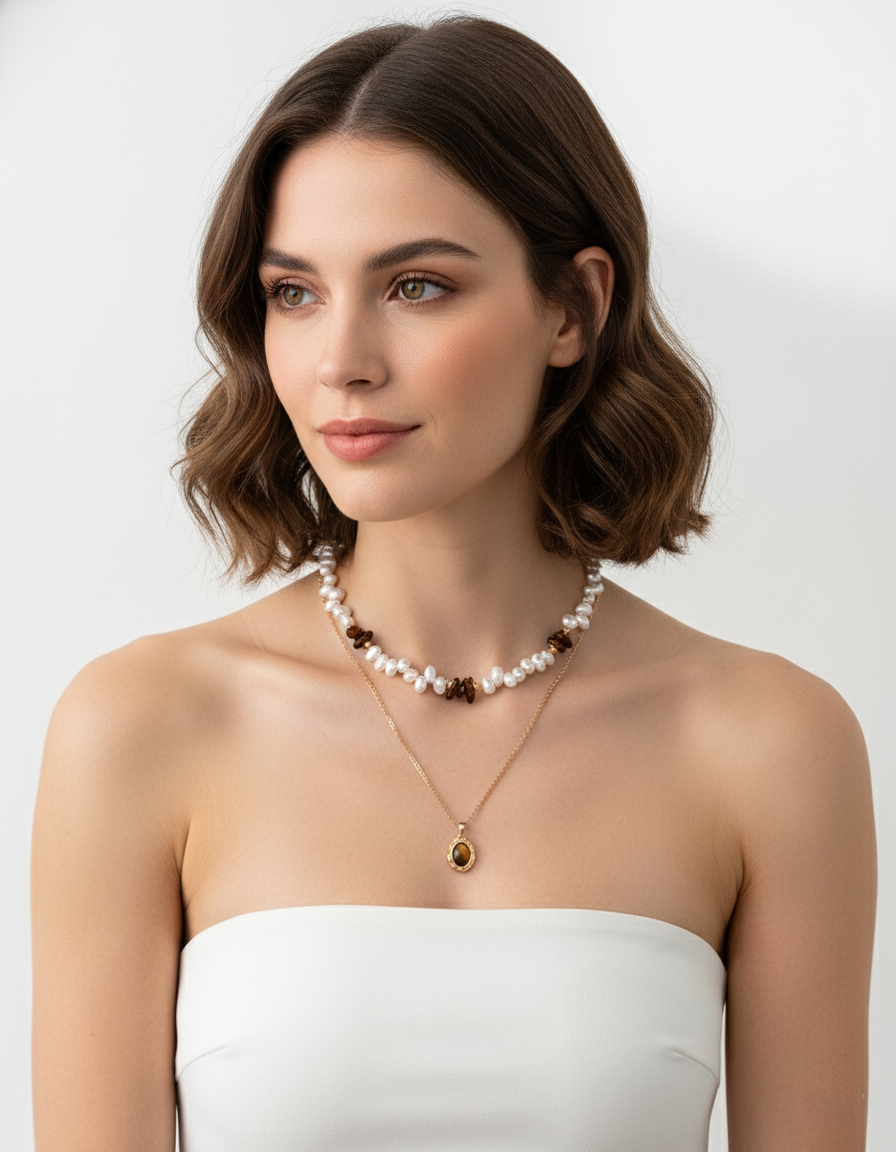 Natural Pearl & Tiger’s Eye Necklace Set – Organic, Textured, Vintage-Inspired Elegance