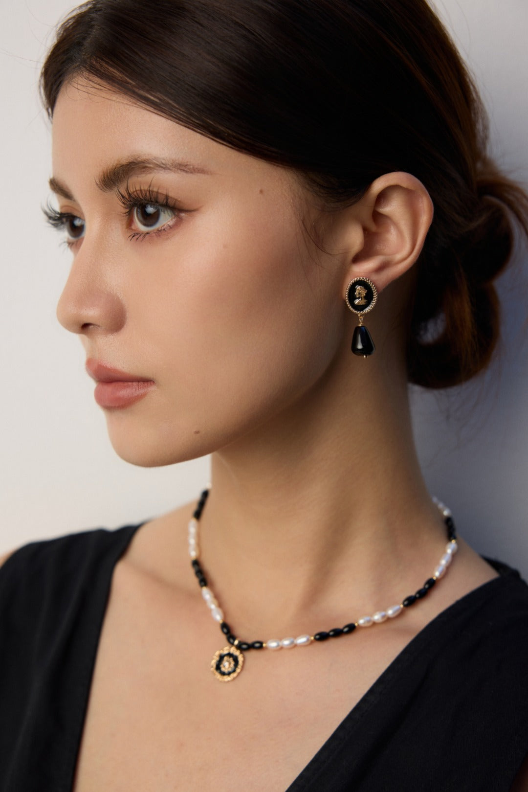 Nocturnal Light Earrings- Simulated Onyx, Cameo Style