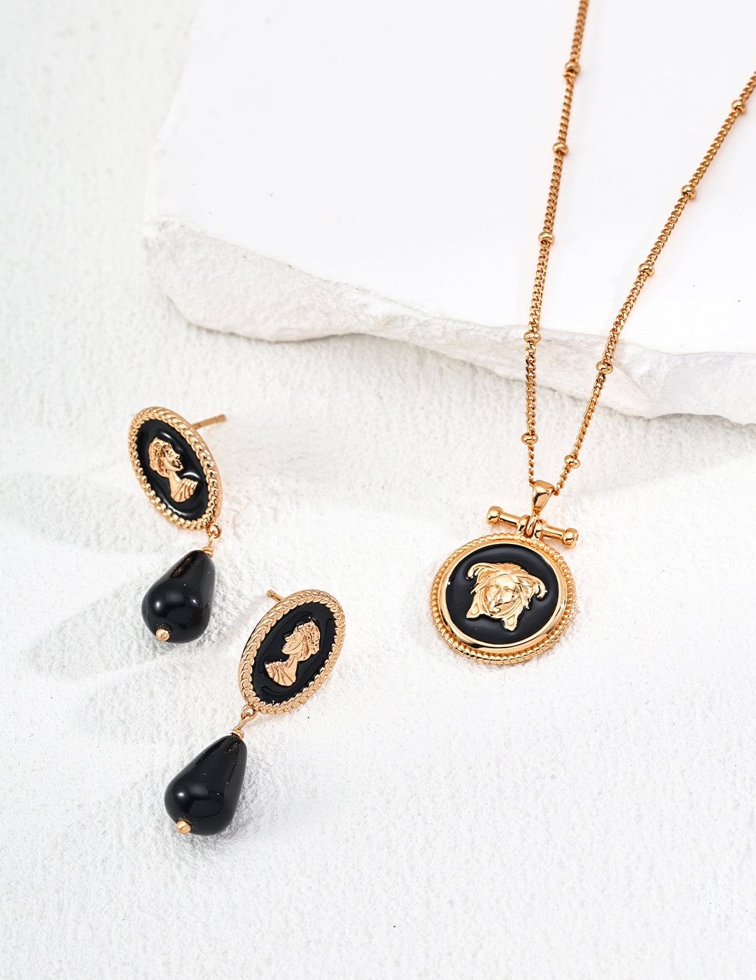 Nocturnal Light Earrings- Simulated Onyx, Cameo Style