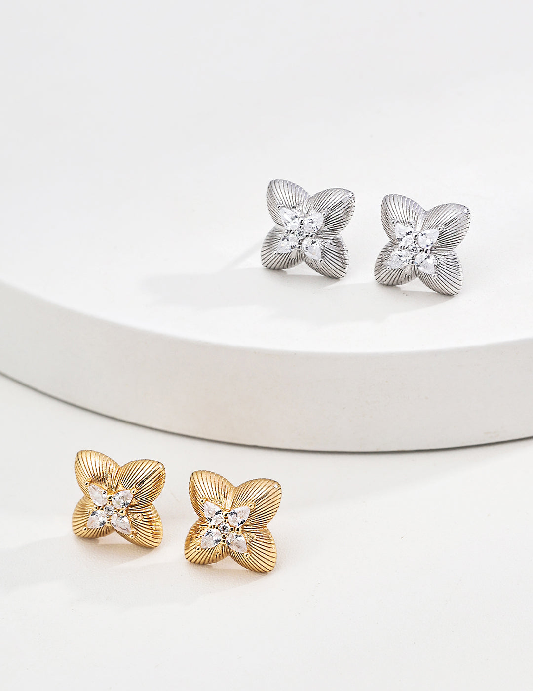 Lucky Clover Zirconia Stud Earrings | Vintage Gold & Platinum Silver