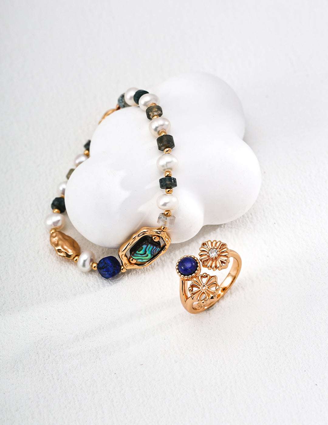 Precious Dreams Ring- Natural Pearl,Lapis Lazuli,Cubic Zirconia