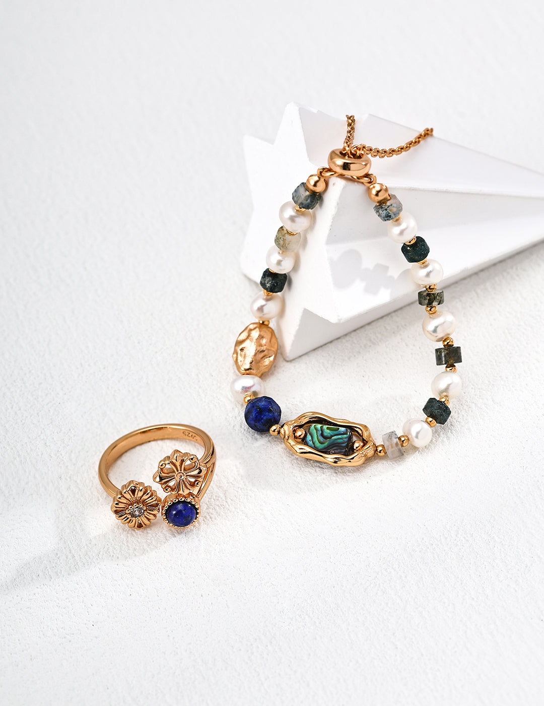 Precious Dreams Ring- Natural Pearl,Lapis Lazuli,Cubic Zirconia