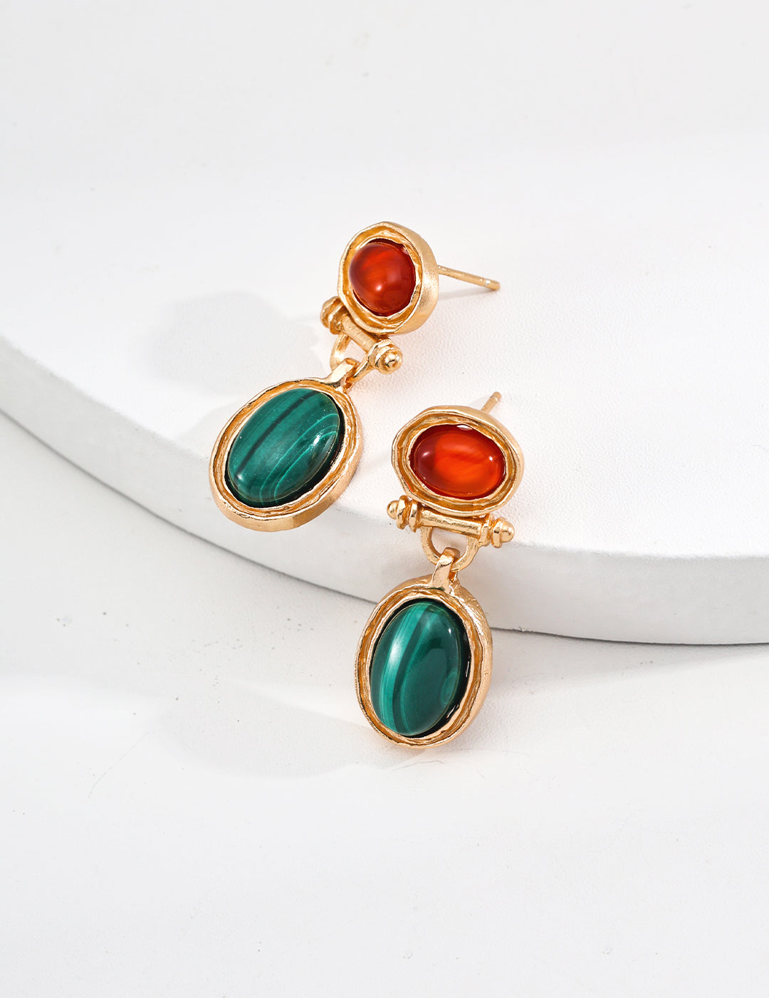 Dual Gemstone Earrings – Red Agate & Malachite Vintage Drop Design