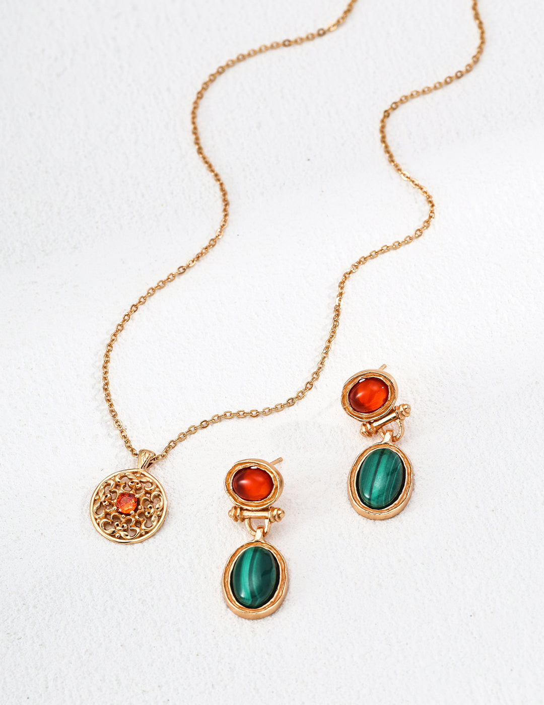 Dual Gemstone Earrings – Red Agate & Malachite Vintage Drop Design