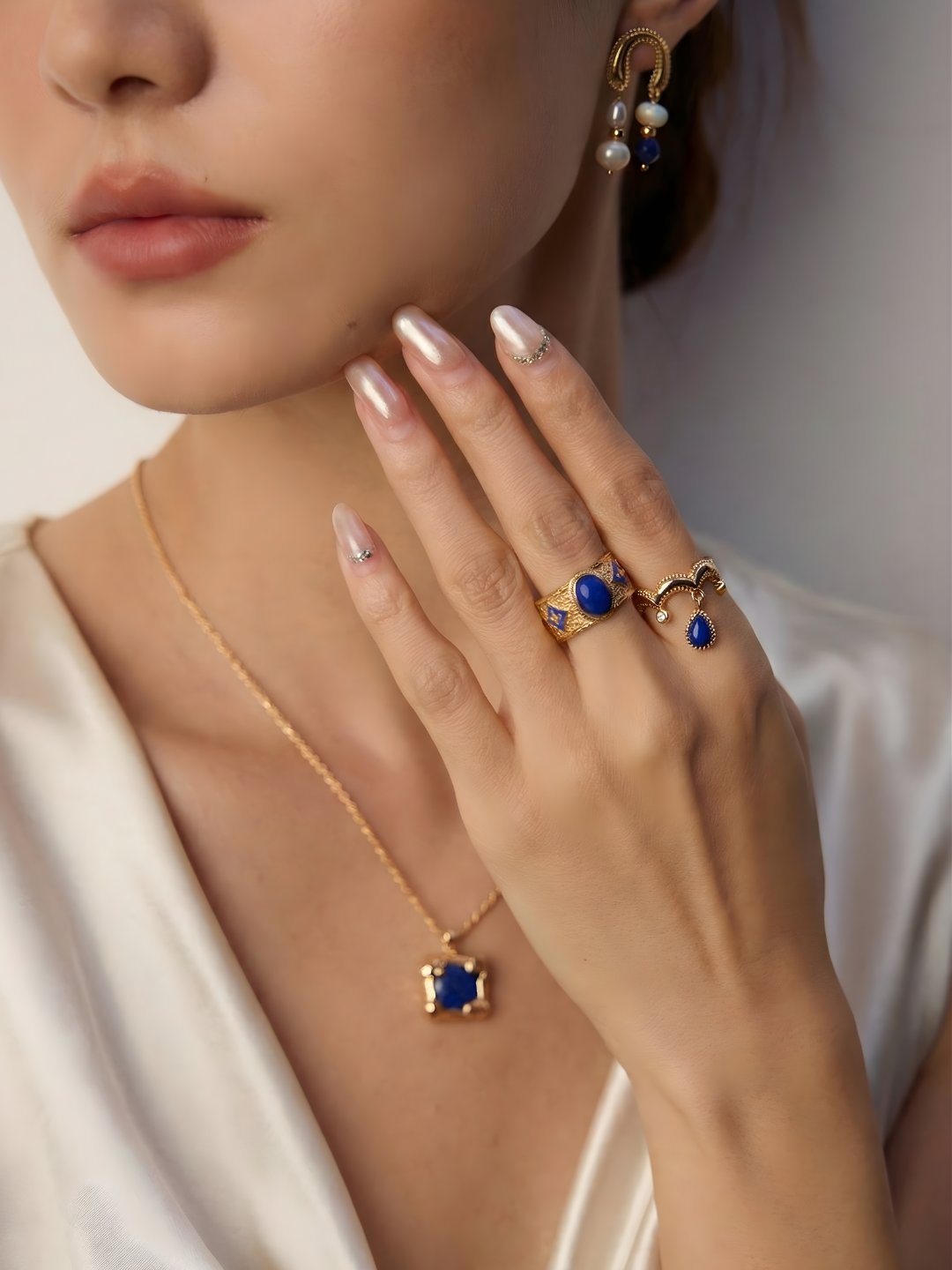 Inspired Blue Lapis & Mother-of-Pearl Drop Ring- Retro Mosaic Design