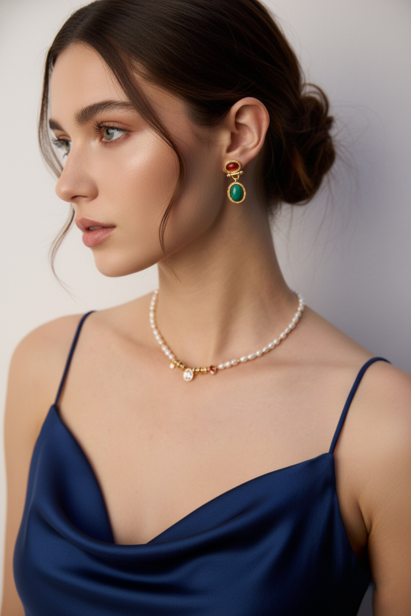 Dual Gemstone Earrings – Red Agate & Malachite Vintage Drop Design