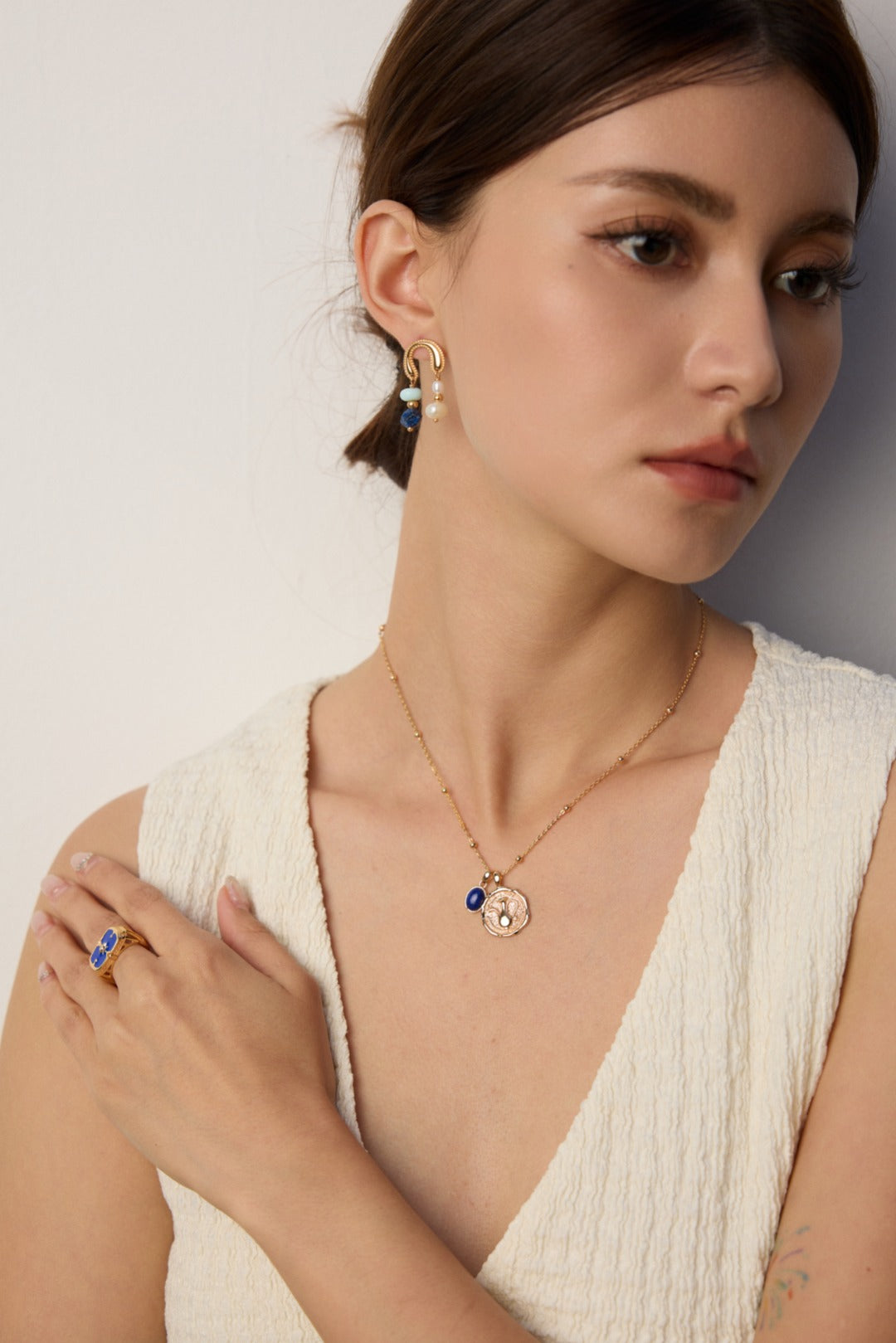 Precious Dreams Ring· Natural Pearl，Lapis Lazuli，Cubic Zirconia，S925 Sterling Silver with 18K GOLD plated