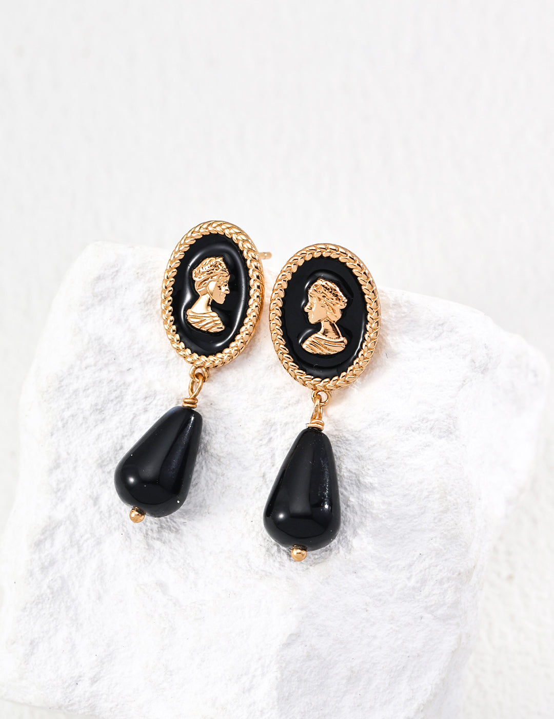 Nocturnal Light Earrings- Simulated Onyx, Cameo Style