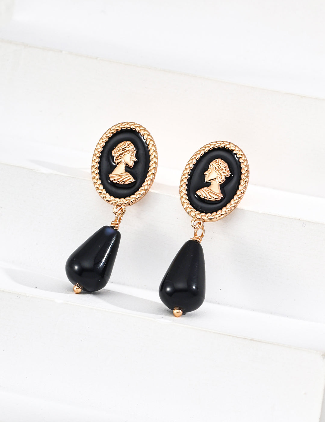 Nocturnal Light Earrings- Simulated Onyx, Cameo Style