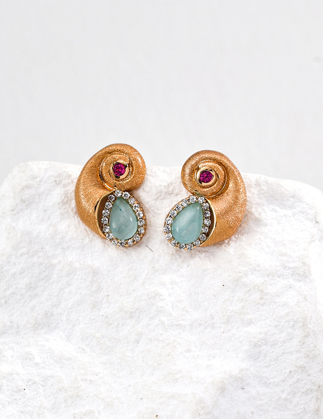 Gold Shell-Inspired Earrings- Blue Zircon Accent