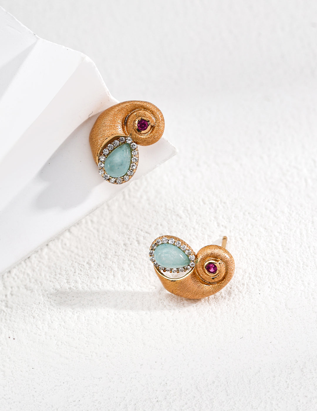 Gold Shell-Inspired Earrings- Blue Zircon Accent