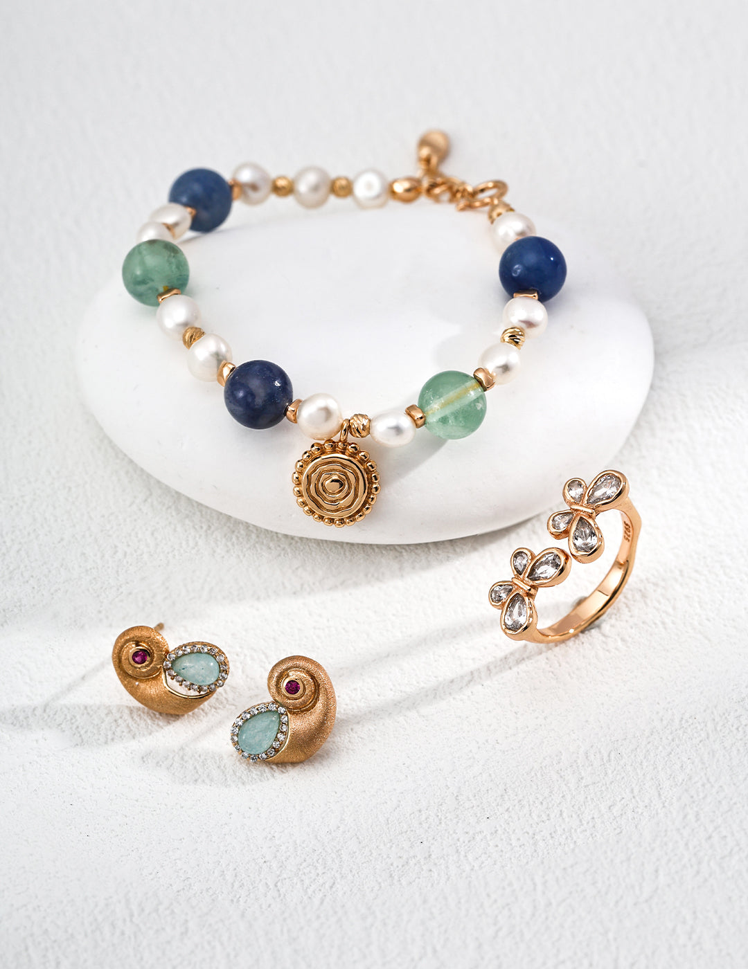 Gold Shell-Inspired Earrings- Blue Zircon Accent