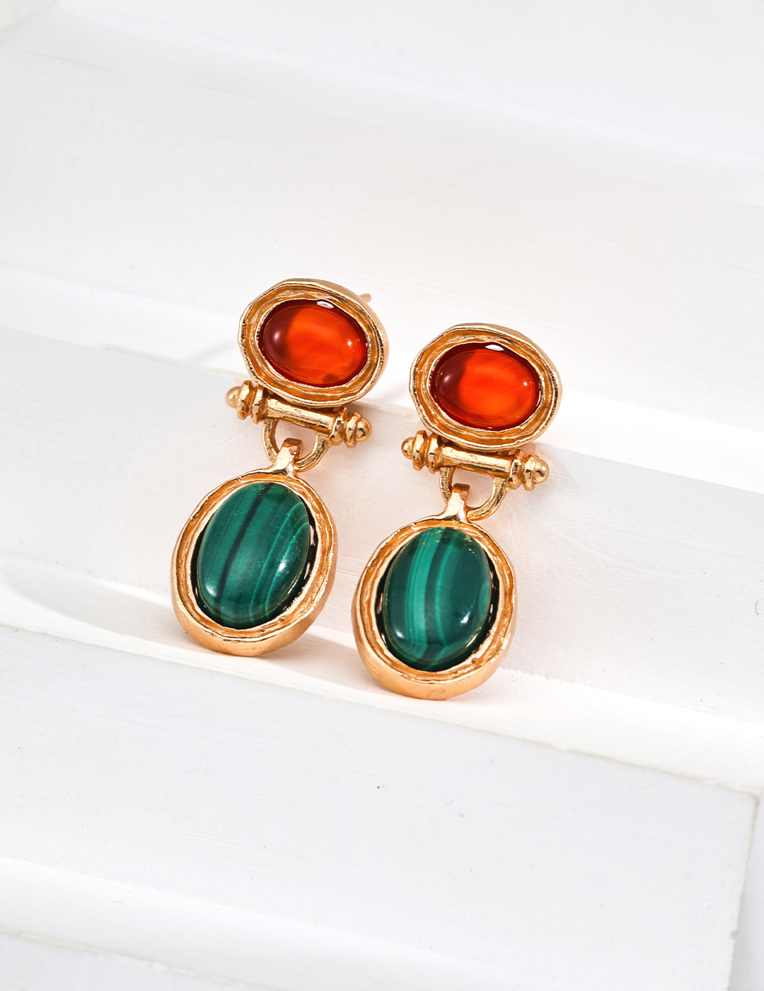 Dual Gemstone Earrings – Red Agate & Malachite Vintage Drop Design