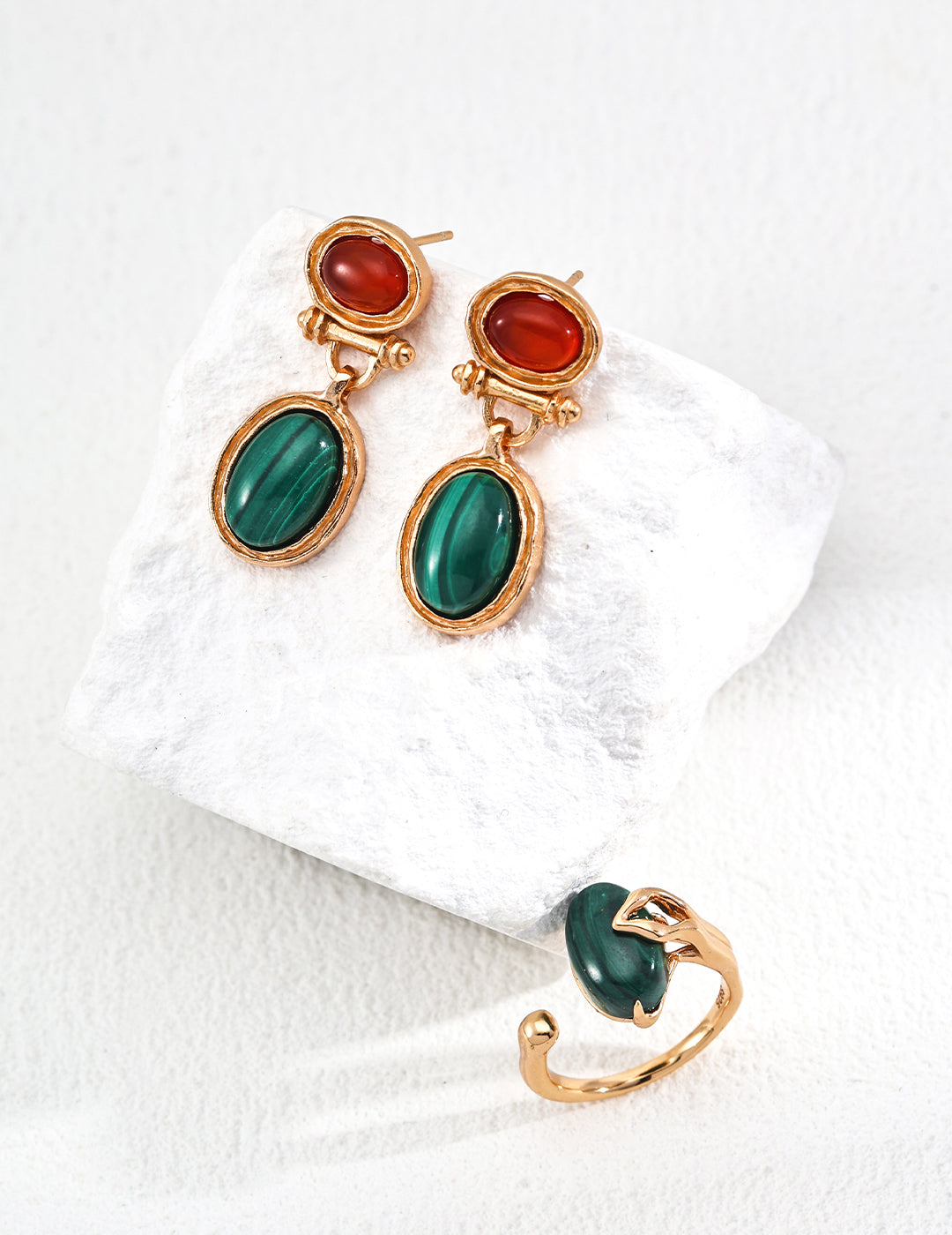 Dual Gemstone Earrings – Red Agate & Malachite Vintage Drop Design