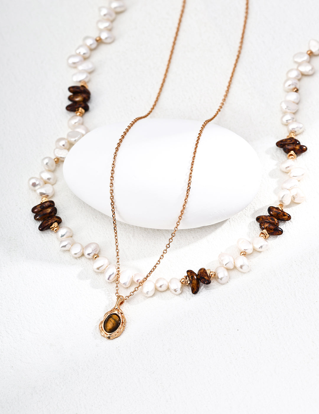 Natural Pearl & Tiger’s Eye Necklace Set – Organic, Textured, Vintage-Inspired Elegance