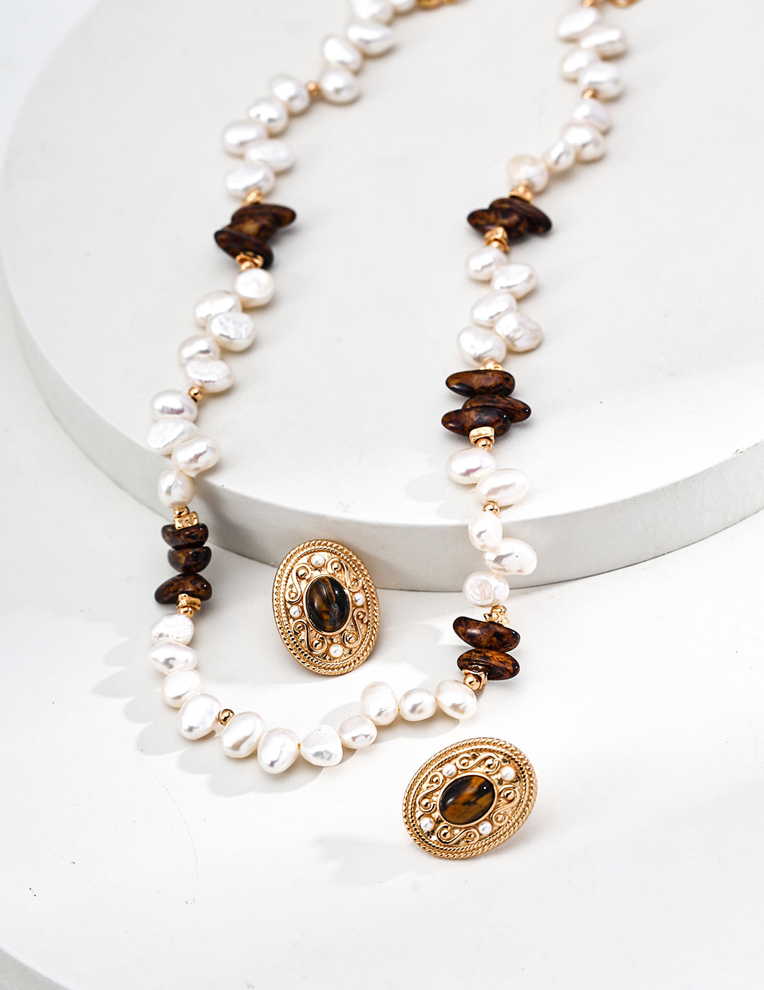 Natural Pearl & Tiger’s Eye Necklace Set – Organic, Textured, Vintage-Inspired Elegance