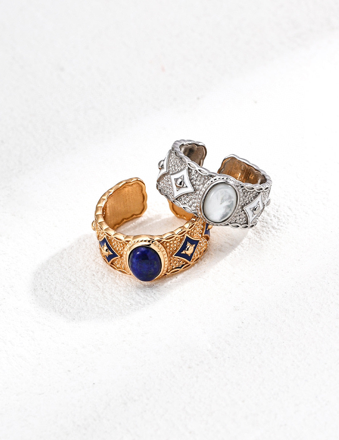 Inspired Blue Lapis & Mother-of-Pearl Drop Ring- Retro Mosaic Design