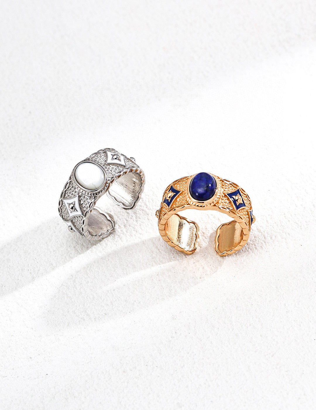 Inspired Blue Lapis & Mother-of-Pearl Drop Ring- Retro Mosaic Design