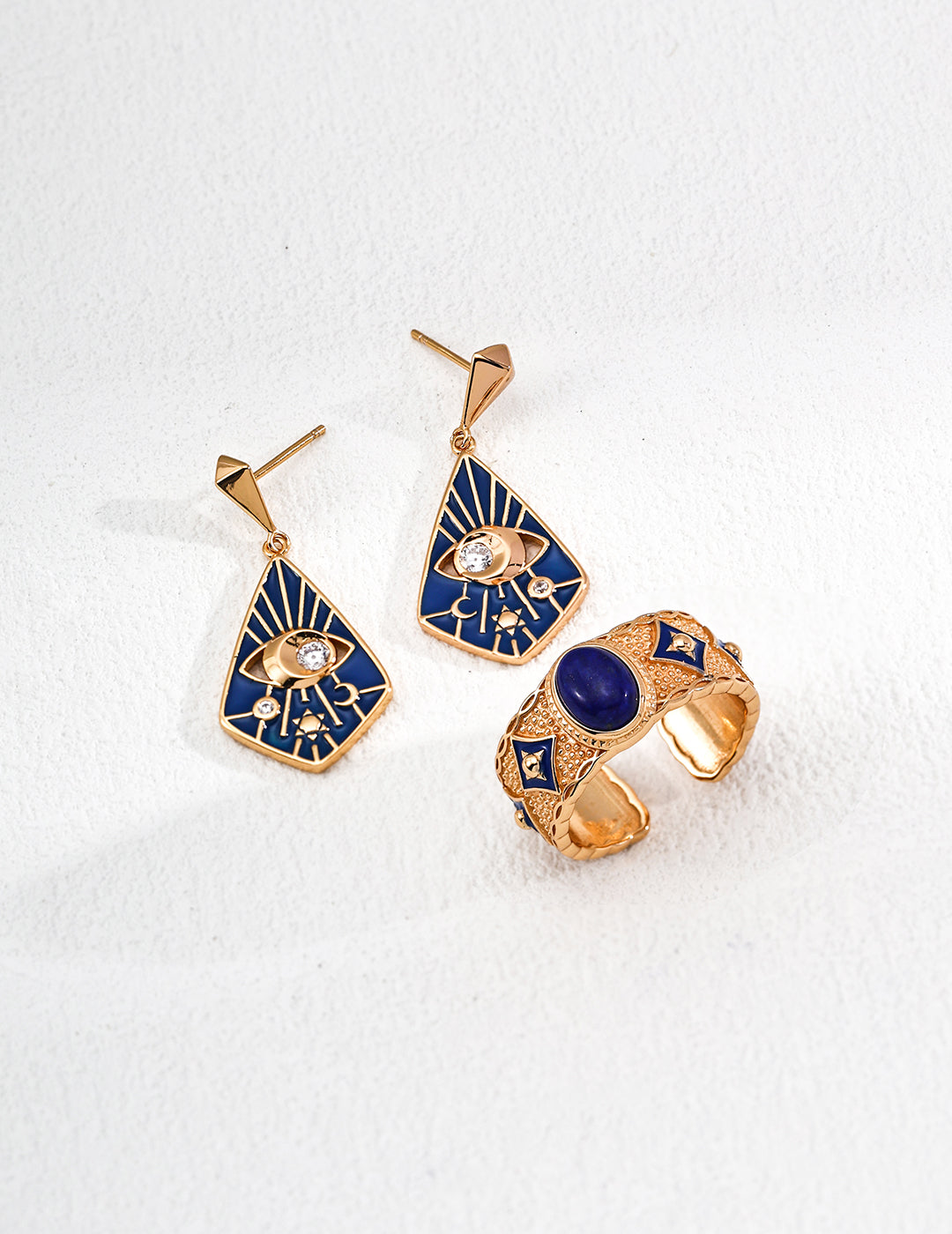 Inspired Blue Lapis & Mother-of-Pearl Drop Ring- Retro Mosaic Design